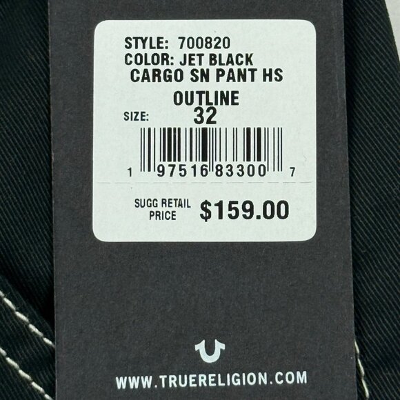 True Religion Men's Straight Leg Outline Jet Black Cargo Pants 32x32 NWT $159.00 - Picture 7 of 12